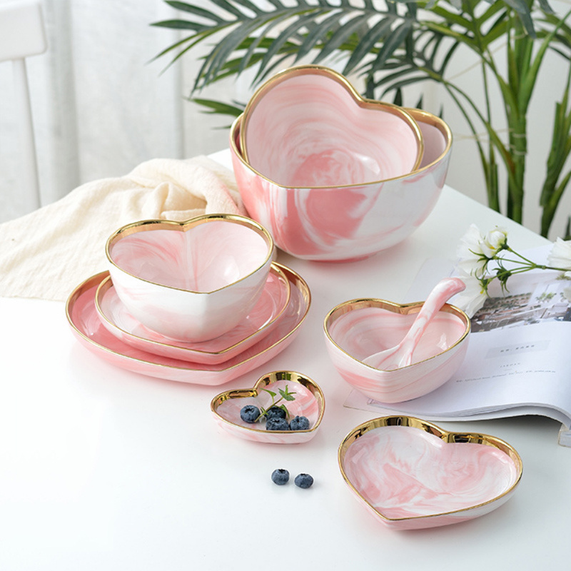 Wholesale Nordic Peach Shape Marble Porcelain Dinner Sets Vajillas With Gold Rim