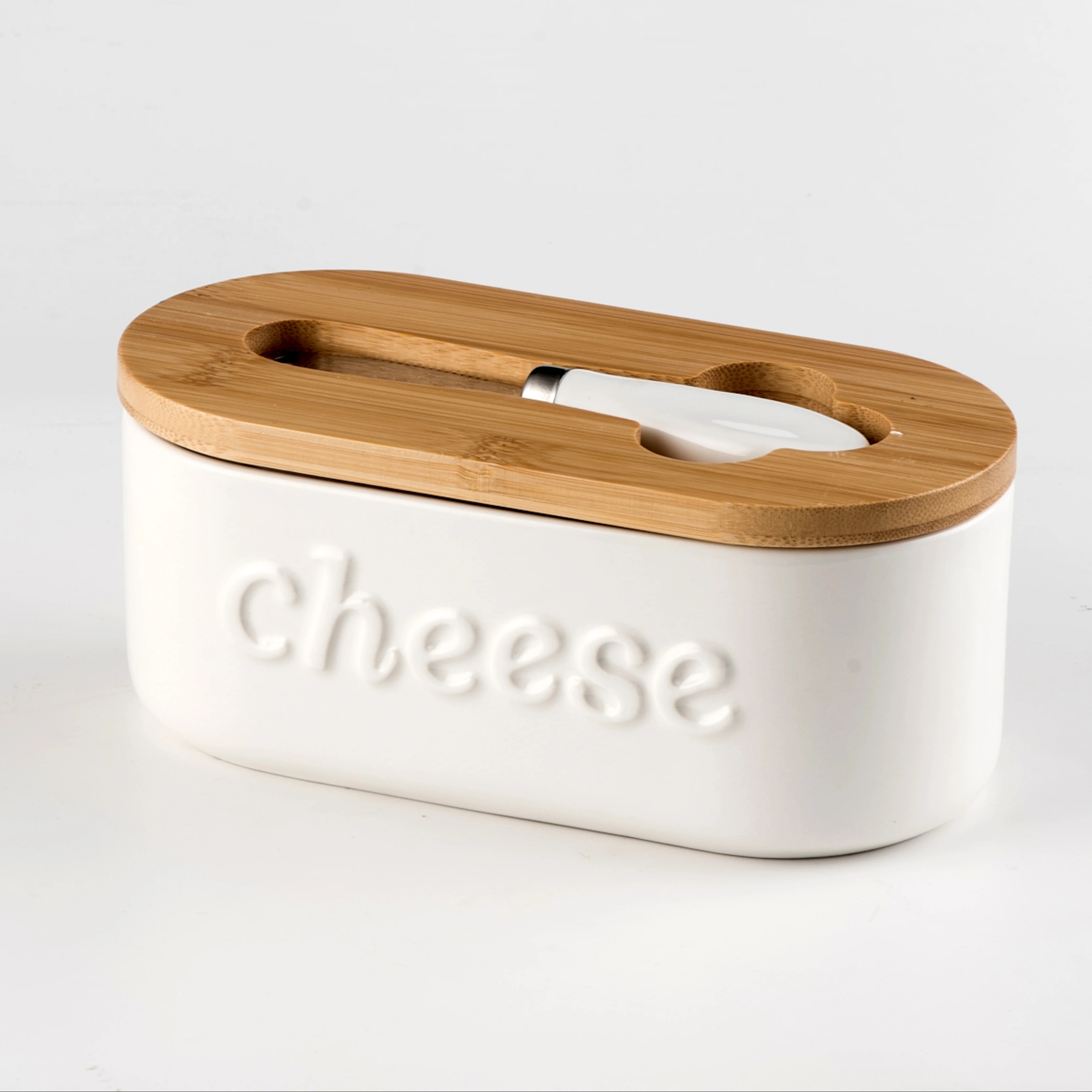 High Quality oval solid white Cheese Box Ceramic Butter Box Cheese Dish With Bamboo Lid And Knife