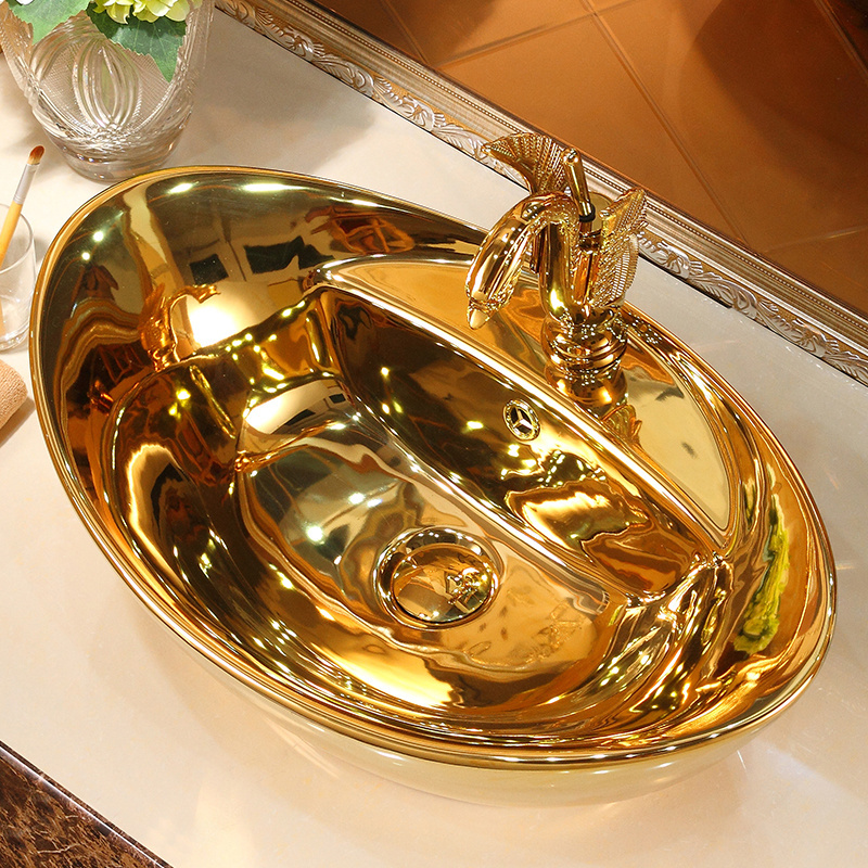 Royal style luxury art hand washbasin gold plated ceramic countertop basin golden bathroom vessel sink for hotel