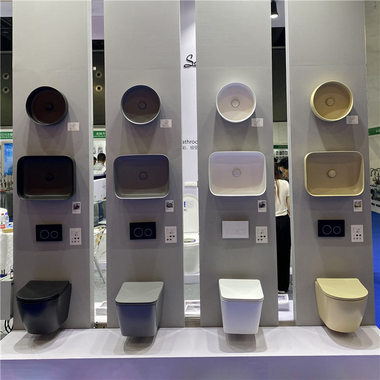 European fashion sanitary ware matt color basin toilet set wall hung toilet bathroom ceramic wall toilet set