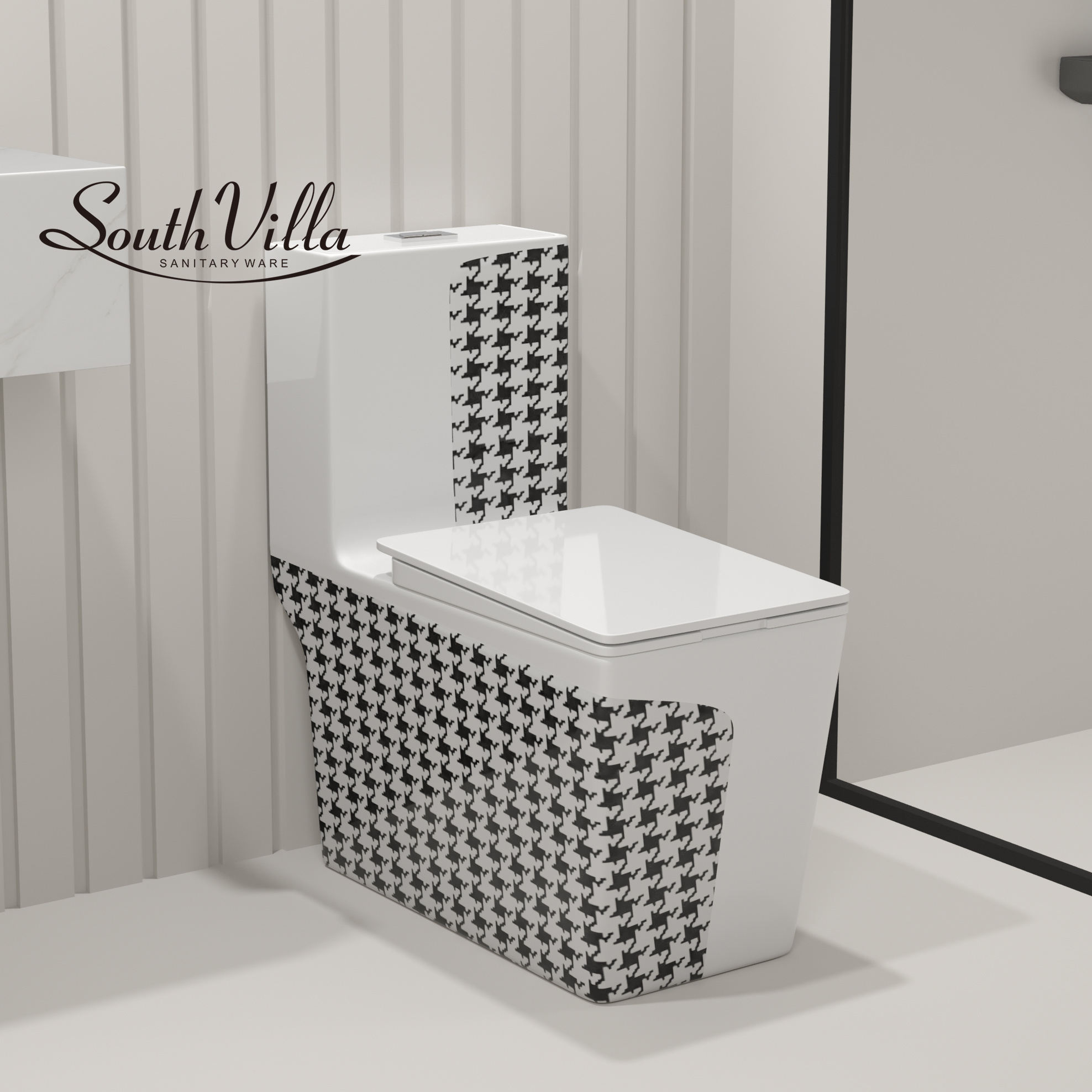 Theme hotel unique ceramic sanitary ware inodoro houndstooth decal toilet bowl one piece commode WC ceramic toilet