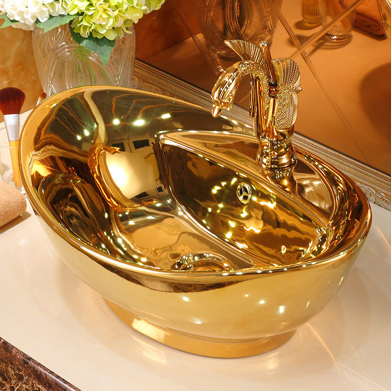 Royal style luxury art hand washbasin gold plated ceramic countertop basin golden bathroom vessel sink for hotel