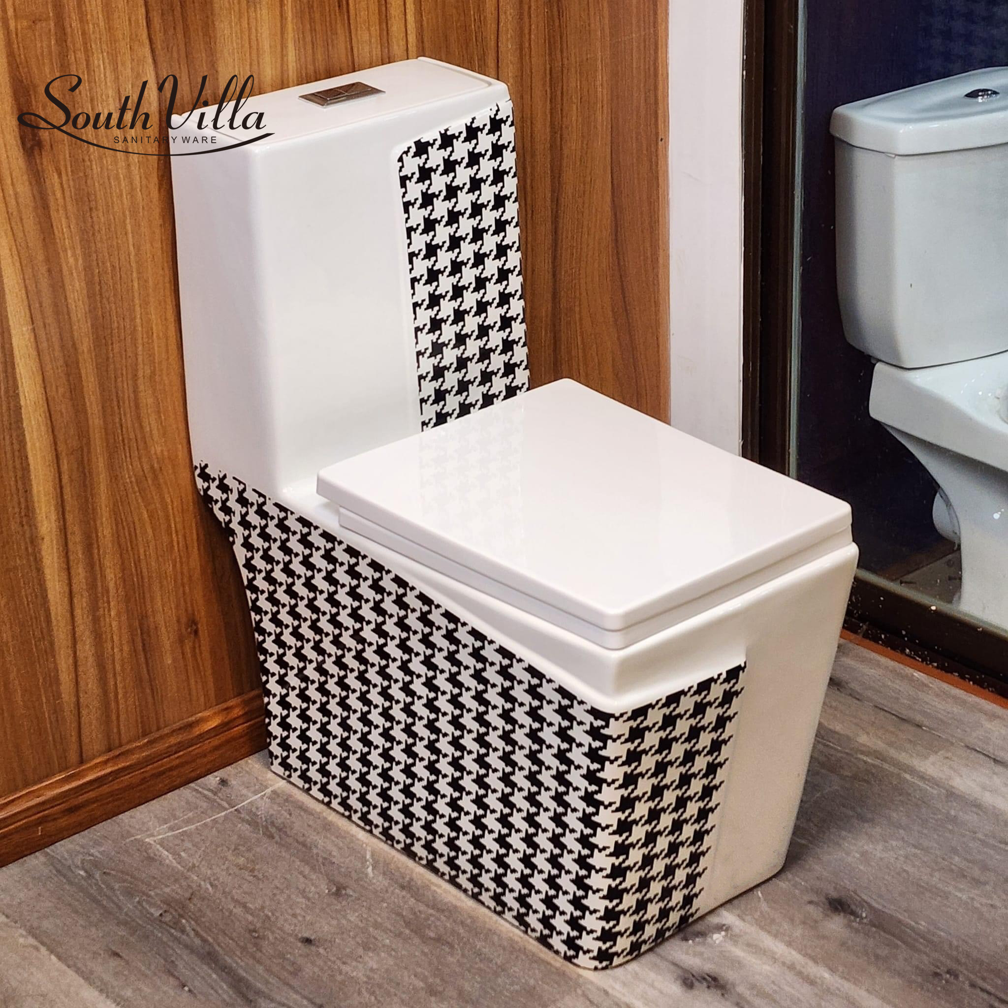 Theme hotel unique ceramic sanitary ware inodoro houndstooth decal toilet bowl one piece commode WC ceramic toilet