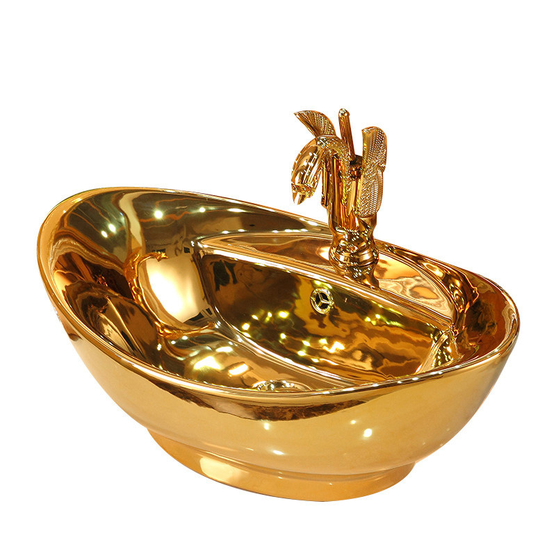 Royal style luxury art hand washbasin gold plated ceramic countertop basin golden bathroom vessel sink for hotel