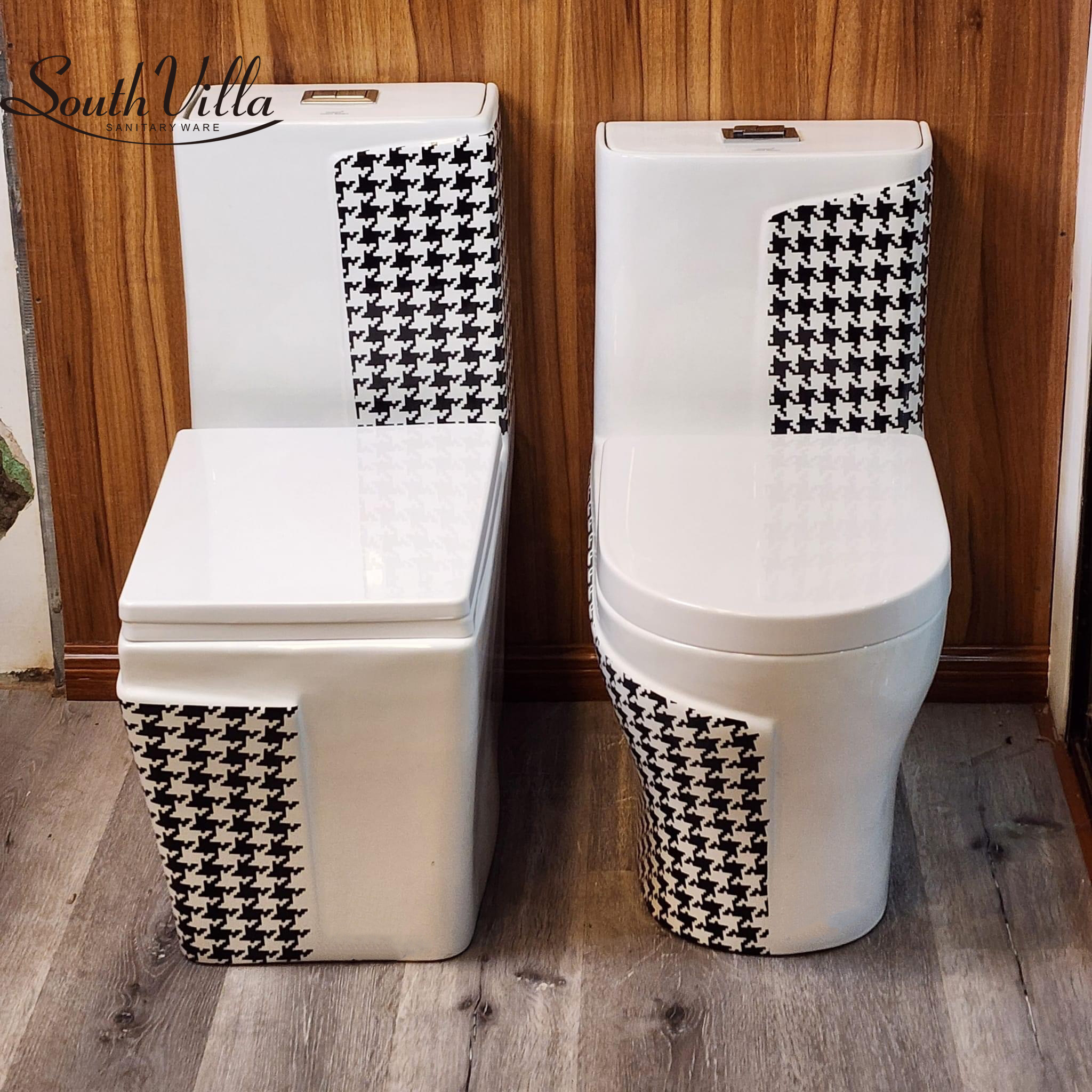 Theme hotel unique ceramic sanitary ware inodoro houndstooth decal toilet bowl one piece commode WC ceramic toilet