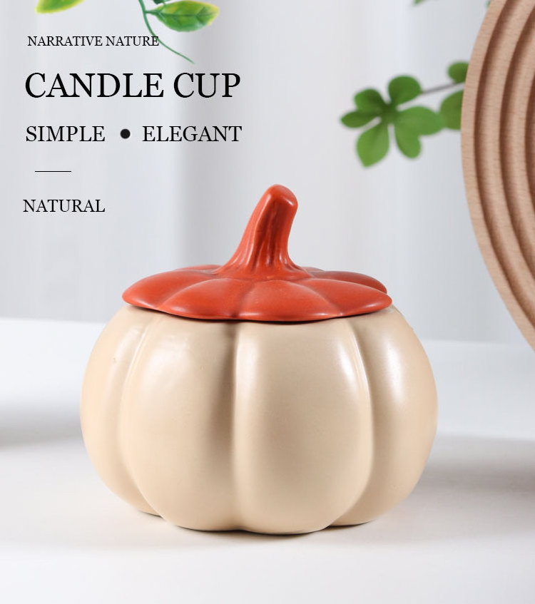 Unique custom wholesale direct factory ceramic handmade white pumpkin shaped matt candle jar with lid ceramic jar for candle