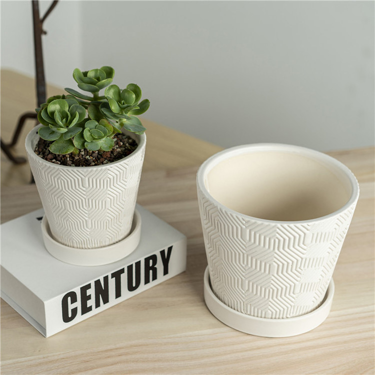 Wholesale home gardening indoor table top white porcelain planter flower bonsai pot set ceramic succulent plant pots with tray