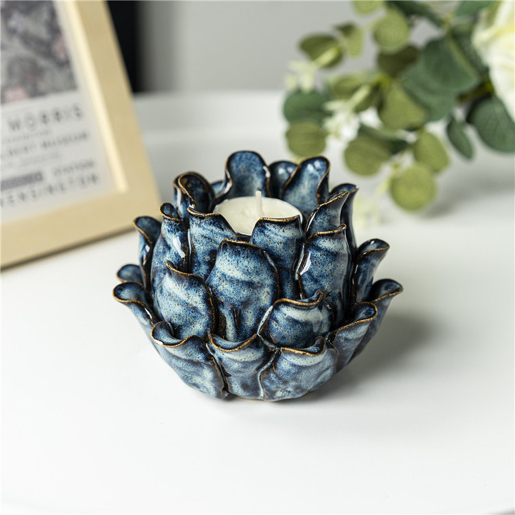 Modern contemporary handmade porcelain flower decorative pillar tea light candle holders lotus tealight ceramic candle holder