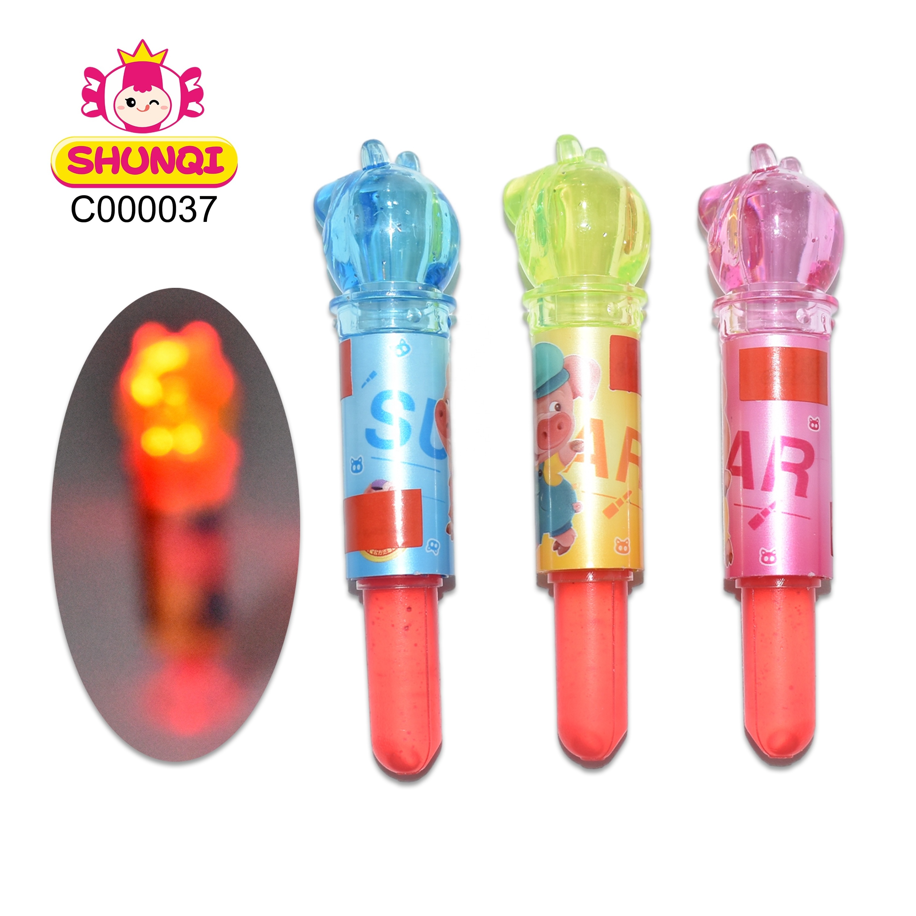 Hot sale halal fruit flavor sugar lighting lipstick lollipop hard candy piggy shapes candy