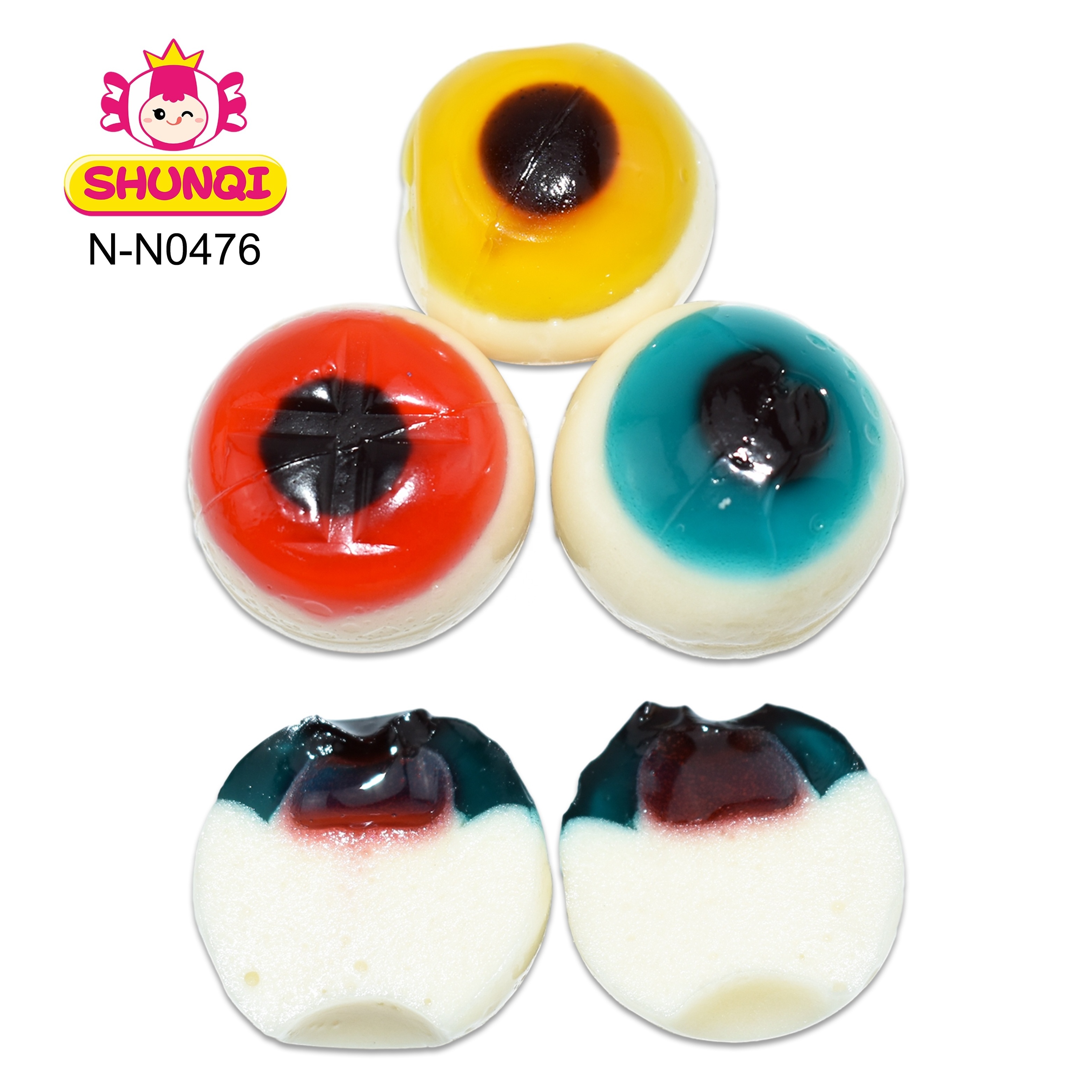 Sell well fruity flavor colorful eyeball shape gummy candy filled fruit jam sweet soft candy