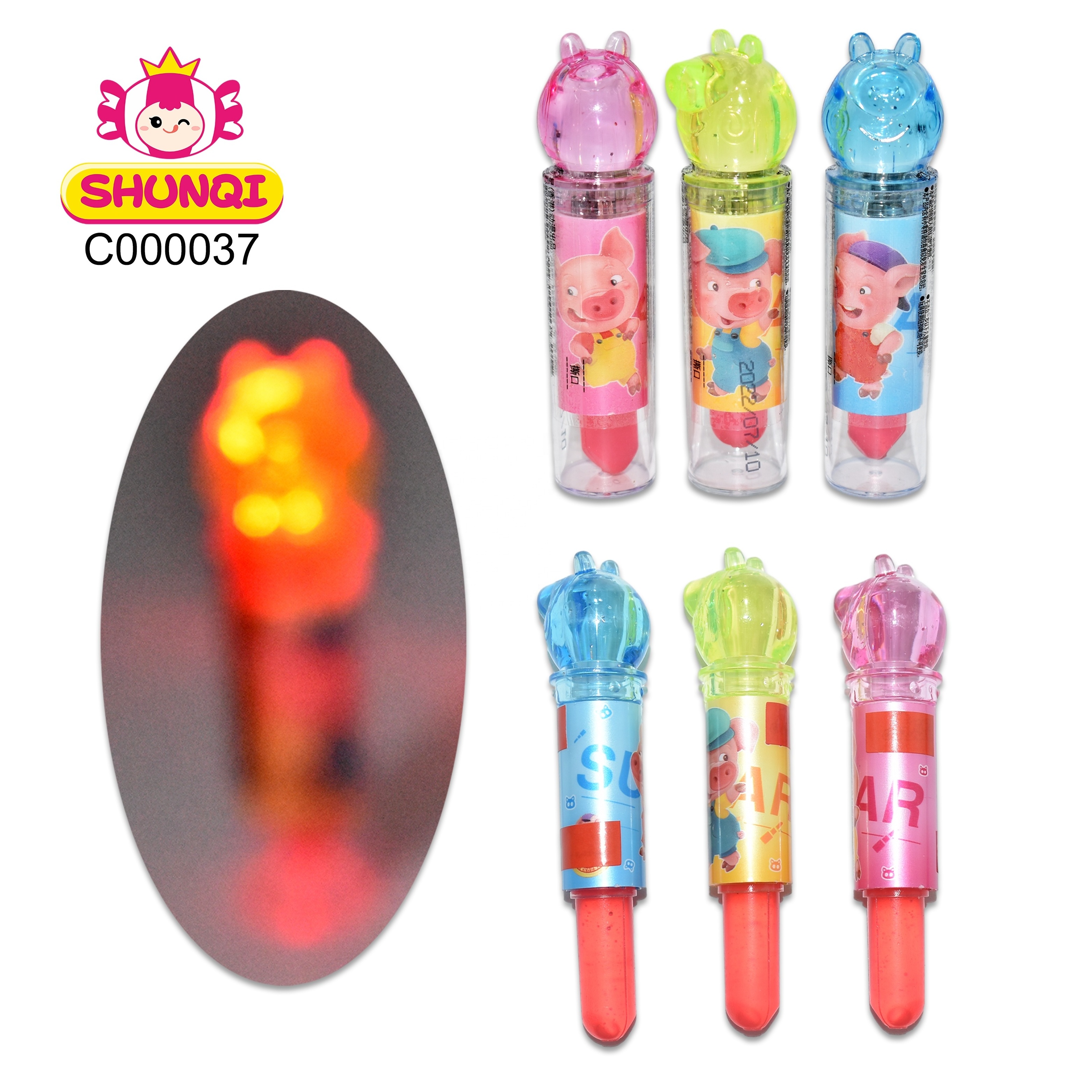 Hot sale halal fruit flavor sugar lighting lipstick lollipop hard candy piggy shapes candy