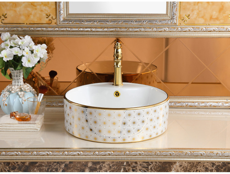 New Decorative Pattern Round Sinks Bowl Porcelain Electroplated Table Top Bathroom Sink Gold Wash Basin