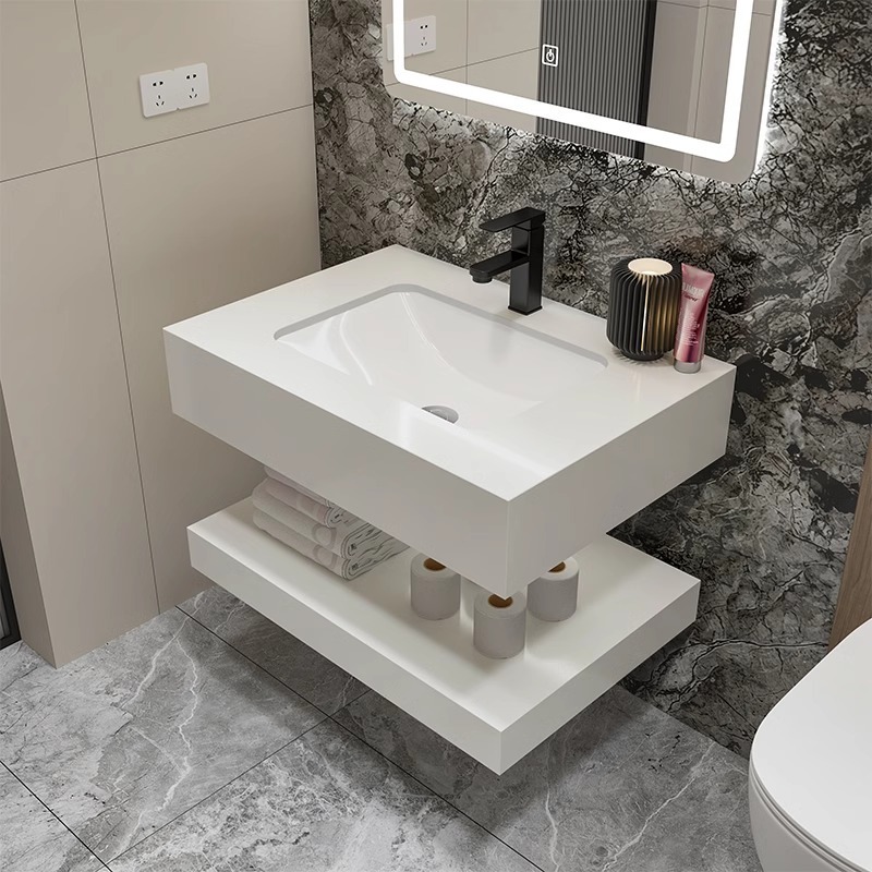 Customized Modern Rock Plate Sink Slate Floating Vanity Cabinet Basin Wall Hung Bathroom Single Sink Artificial Sintered Stone