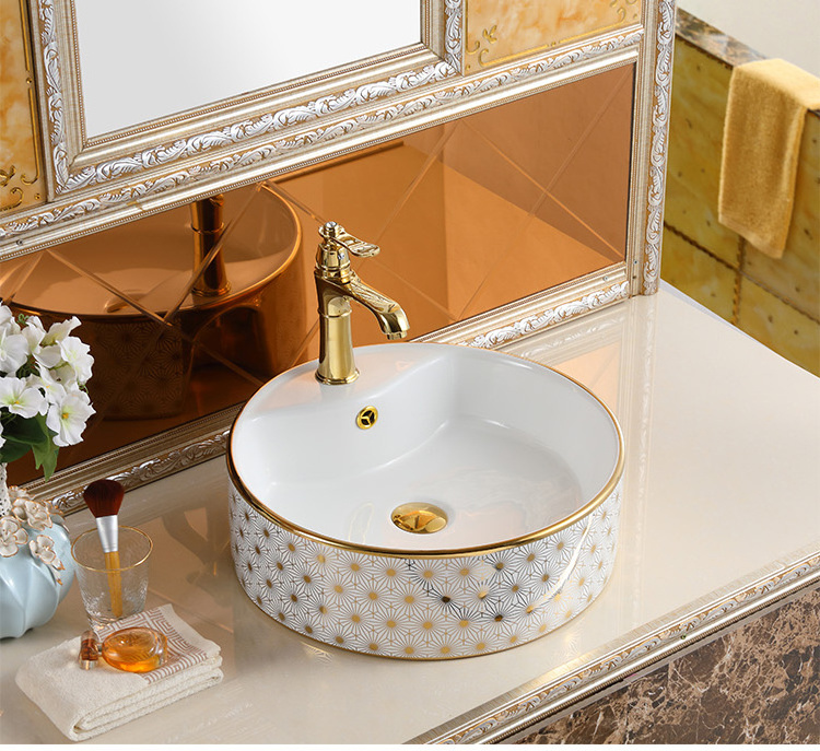 New Decorative Pattern Round Sinks Bowl Porcelain Electroplated Table Top Bathroom Sink Gold Wash Basin