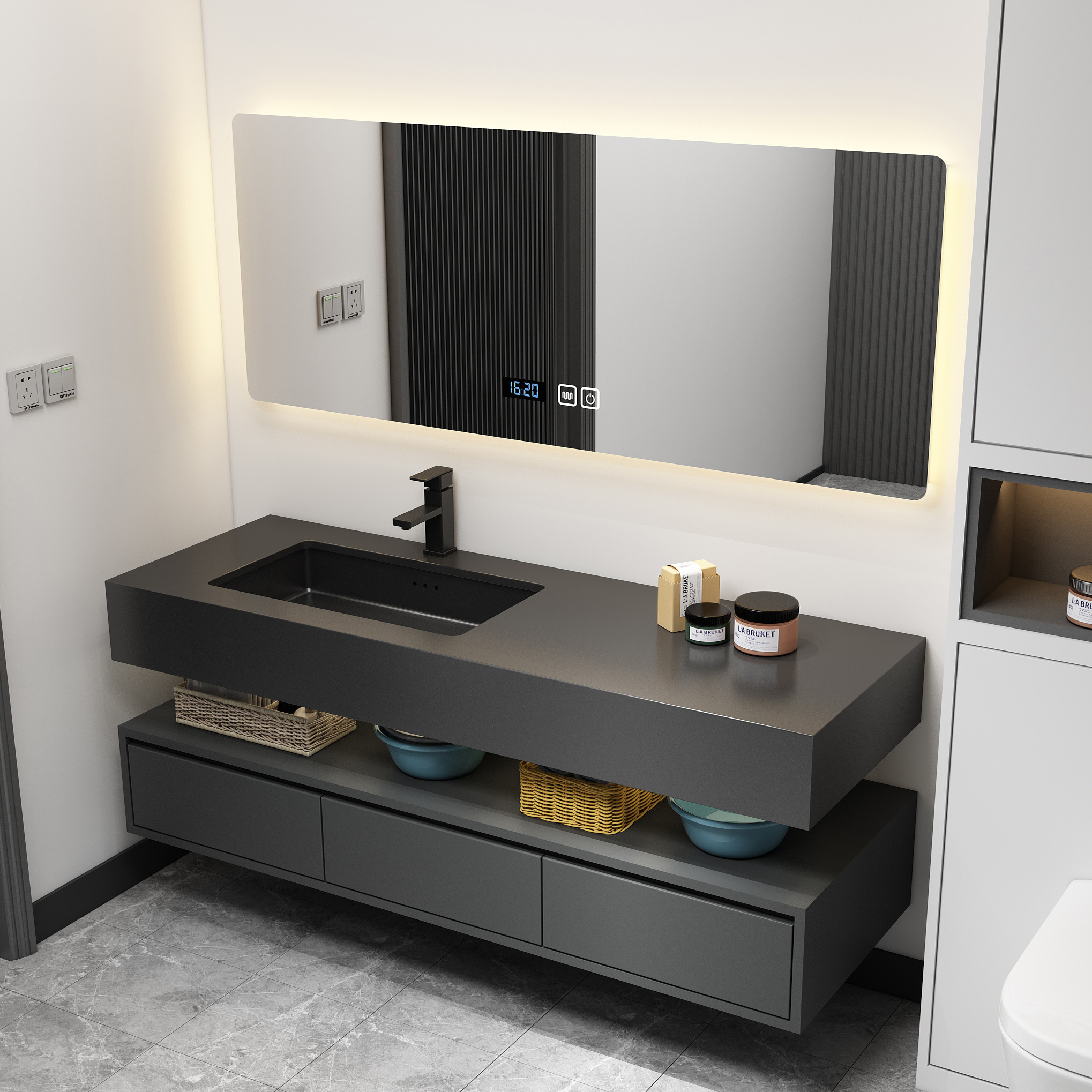 Modern Wall Mounted Matte Black Slate Bathroom Cabinet Vanity Set Single Sink Floating Vanity With Mirror