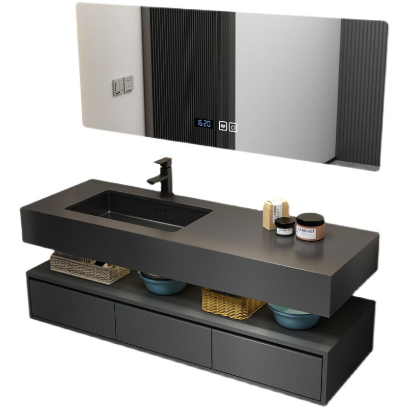 Modern Wall Mounted Matte Black Slate Bathroom Cabinet Vanity Set Single Sink Floating Vanity With Mirror