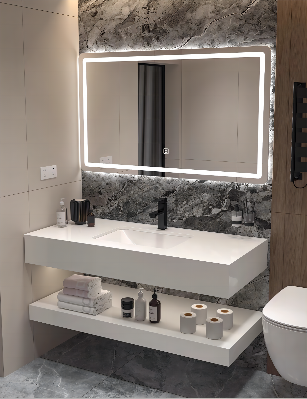 Customized Modern Rock Plate Sink Slate Floating Vanity Cabinet Basin Wall Hung Bathroom Single Sink Artificial Sintered Stone