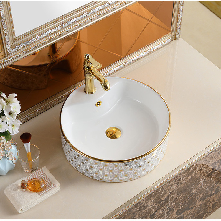 New Decorative Pattern Round Sinks Bowl Porcelain Electroplated Table Top Bathroom Sink Gold Wash Basin