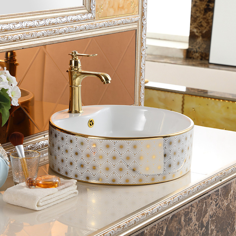 New Decorative Pattern Round Sinks Bowl Porcelain Electroplated Table Top Bathroom Sink Gold Wash Basin