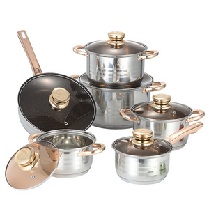 SUS 201 High Quality 12pcs Golden Handle  Induction Base Cookware Sets Stainless Steel for kitchen