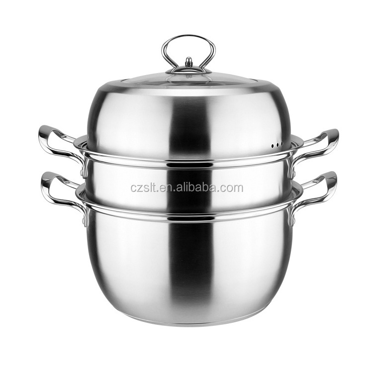 Stainless Steel 2 Tier Steamer Double Boiler Pot Soup & Stock Pots Stainless Steel + Glass Steel Handle and Knob Home Cooking