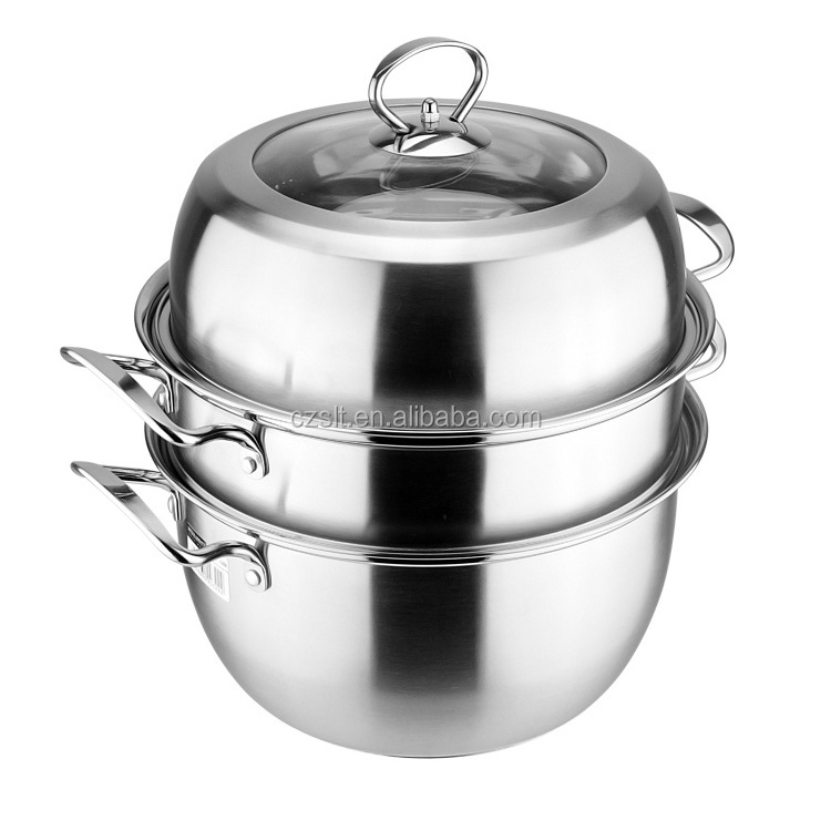 Stainless Steel 2 Tier Steamer Double Boiler Pot Soup & Stock Pots Stainless Steel + Glass Steel Handle and Knob Home Cooking