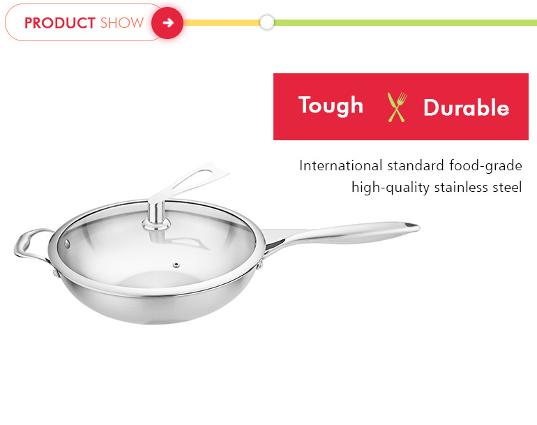 3 ply stainless steel induction wok non-stick frying pan with glass lid