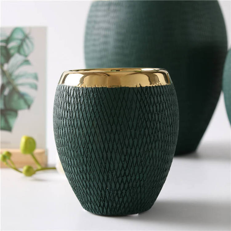 Modern Decor Flower Pot Indoor Home Office Tabletop Ceramic Plants Pot With Gold Rim