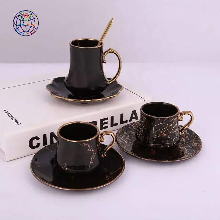 Yongsheng Modern Luxury Black Gold Rim Customized Turkish Tea Coffee Cup and Saucer Sets for Home Cafe Gift