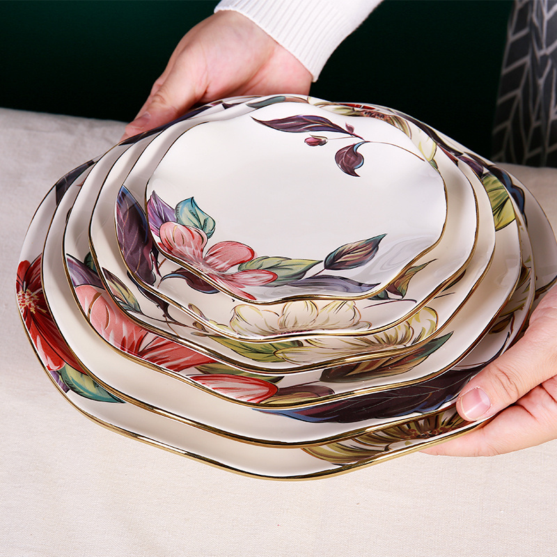 wholesale fancy design decal printed decorative food plate flower dinner plates with golden rim