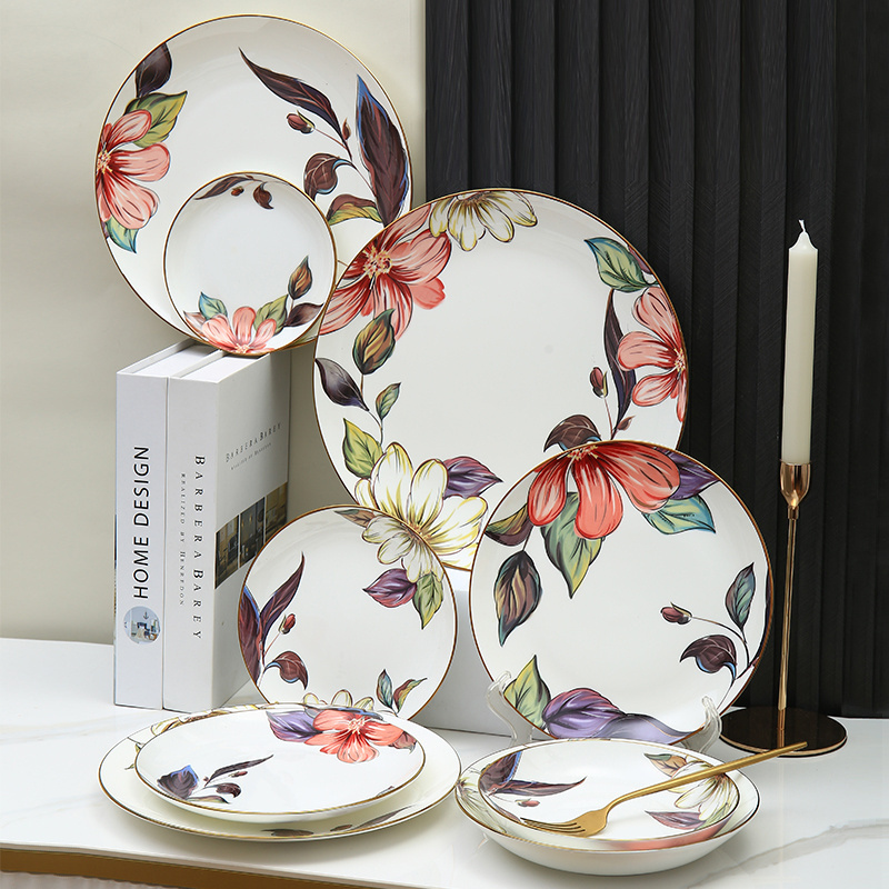 Wholesale Fine Bone China Dinnerware set Wedding Plates colorful White Flower Decal  Ceramic Plate