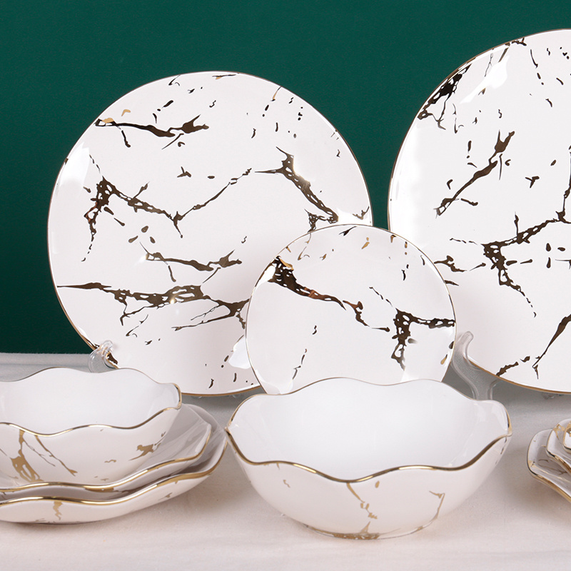 New arrival fancy design decals marble ceramic plates set porcelain dinner set dinnerware