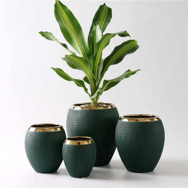 Modern Decor Flower Pot Indoor Home Office Tabletop Ceramic Plants Pot With Gold Rim