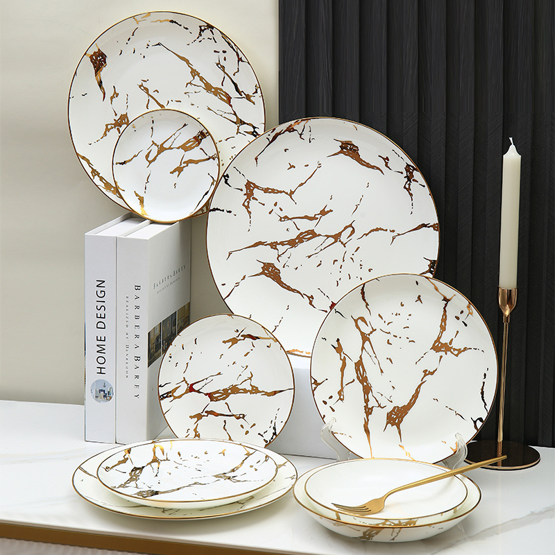 Kitchen Modern style Crockery Restaurant Wedding Dinner Tableware Set Marble Ceramic Plates