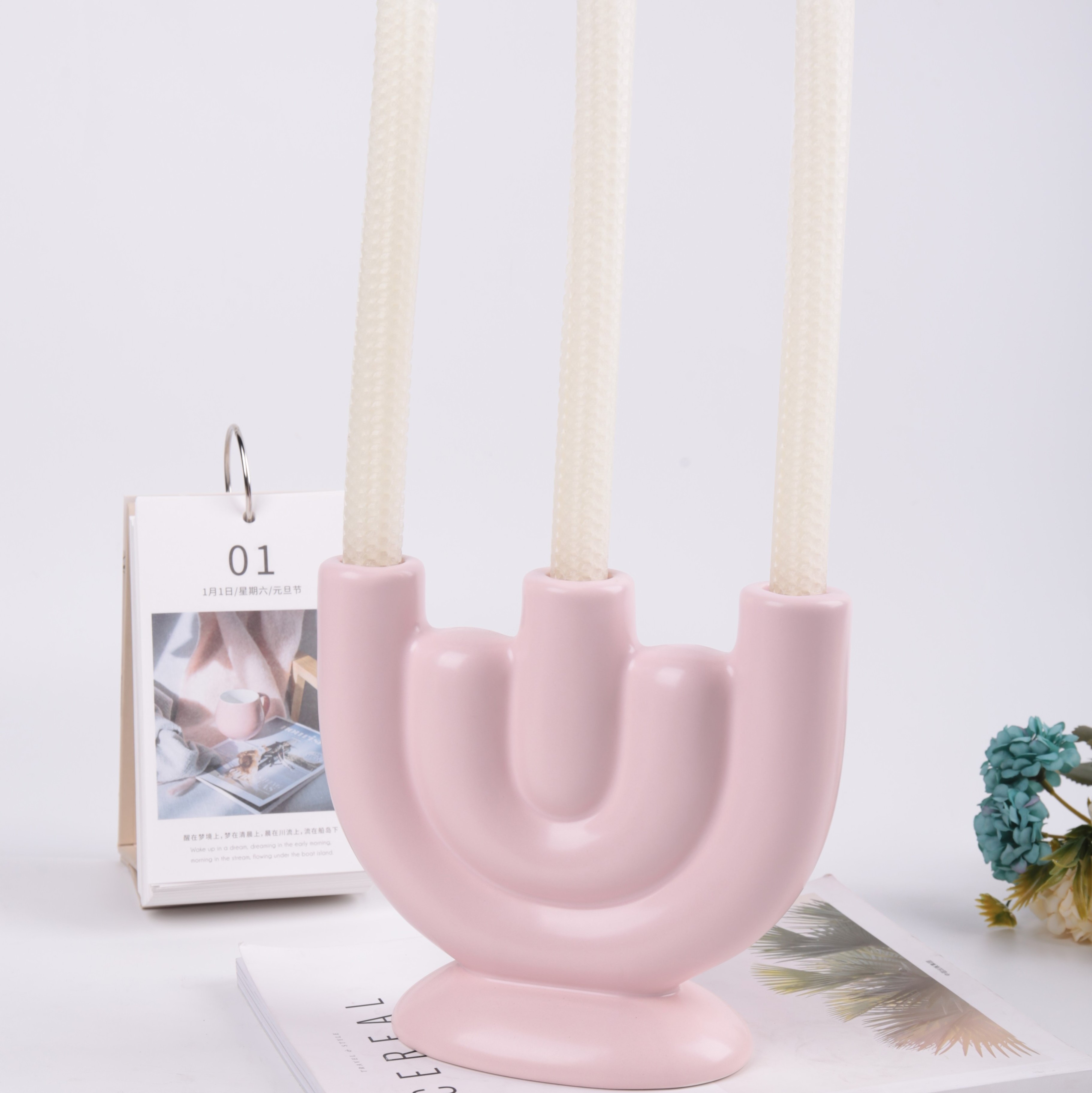 Wholesale wedding empty candlestick Modern style pink candle holders ceramic candelabra