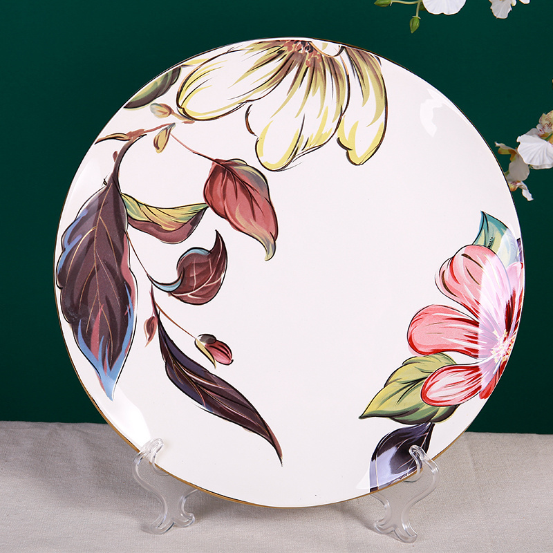 wholesale fancy design decal printed decorative food plate flower dinner plates with golden rim