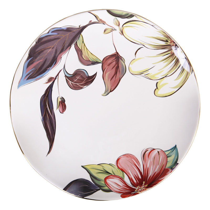 wholesale fancy design decal printed decorative food plate flower dinner plates with golden rim