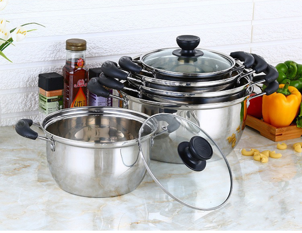 Kitchen Heat Cooking Stock Pot Thicken Stainless Steel Home Milk Pot 5pcs Soup Pot Sets With Transparent Lid