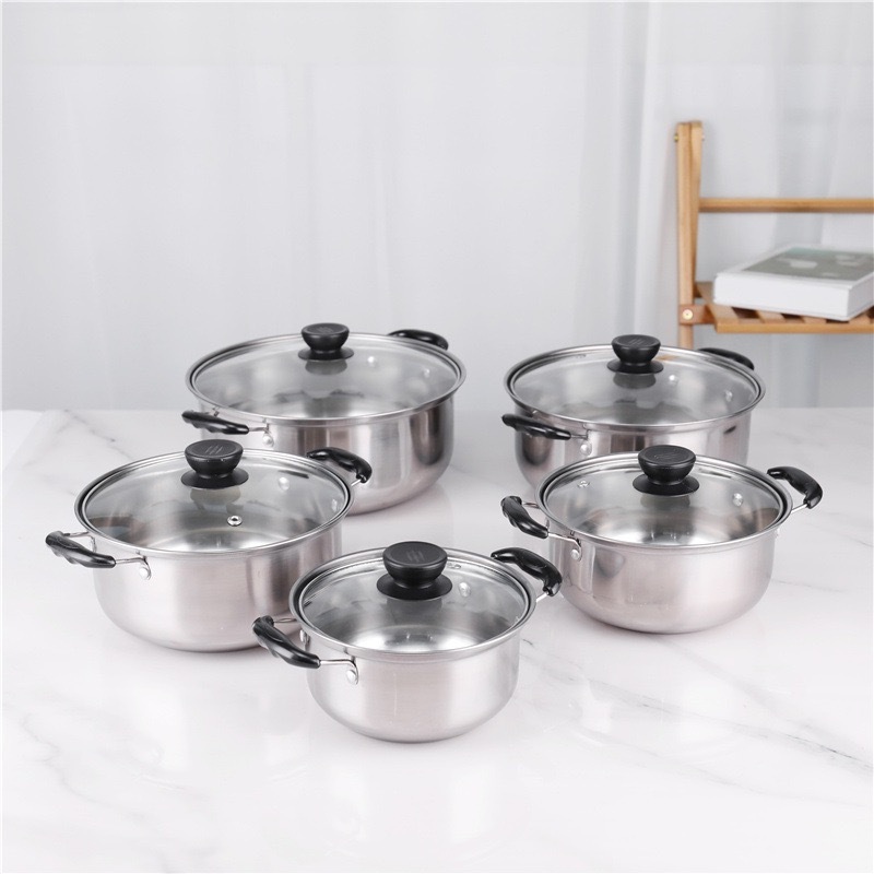 Kitchen Heat Cooking Stock Pot Thicken Stainless Steel Home Milk Pot 5pcs Soup Pot Sets With Transparent Lid