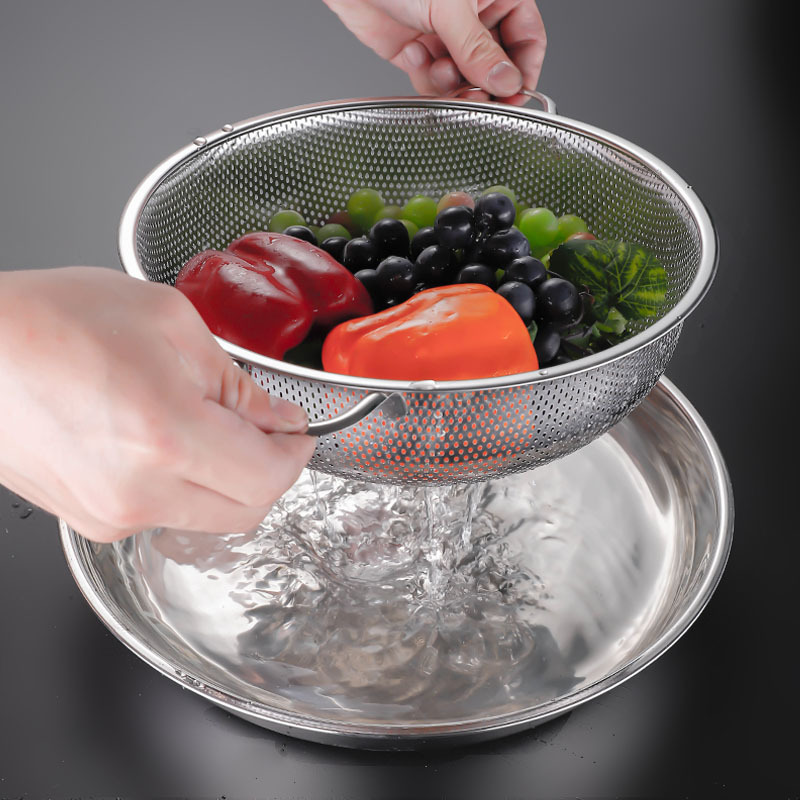 High Grade Stainless Steel Colander Bowl Set Small Hole Sink Colander Basket With Handle Pierced Kitchen Fine Mesh Rice Strainer