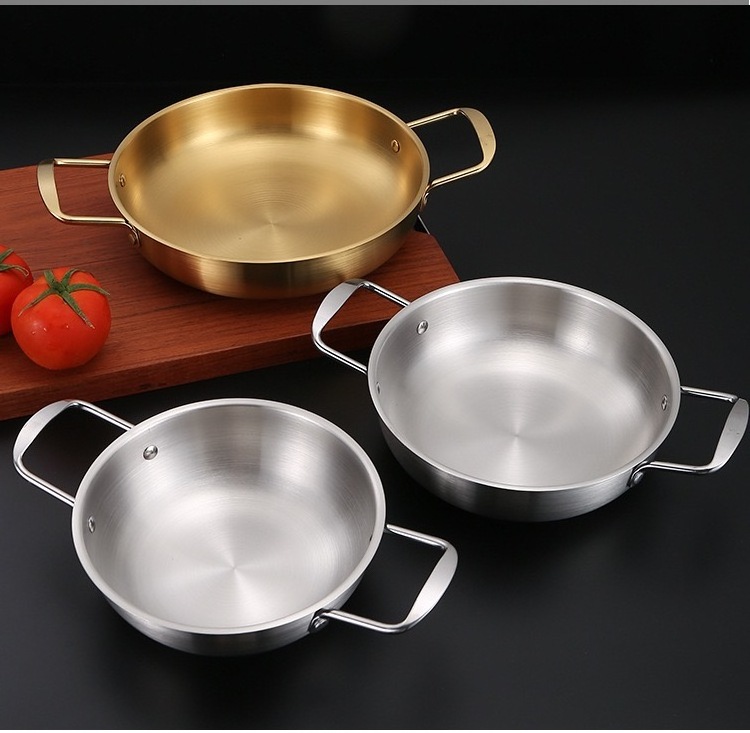 Korean style stainless steel seafood boil pot dry pot flat bottom golden silver color gas cooking pan non stick dry pot