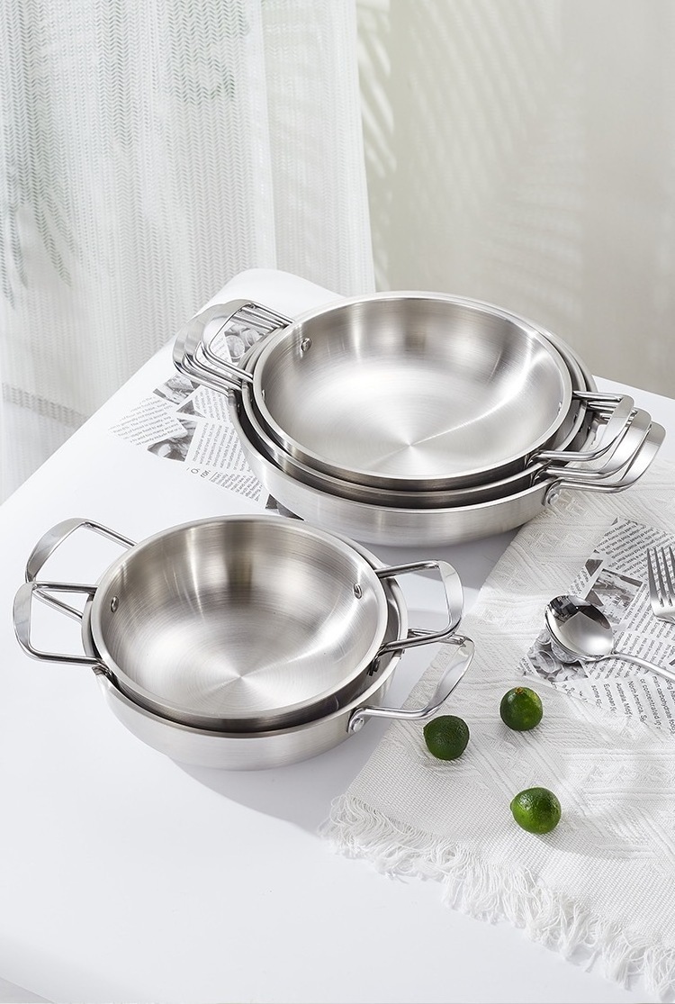 Double Handle Stainless Steel Metal Frying Pan Nordic Family High-end Restaurant Spanish Seafood Meat Dish Rice Pot