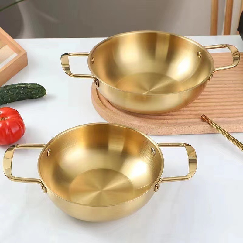 Korean style stainless steel seafood boil pot dry pot flat bottom golden silver color gas cooking pan non stick dry pot