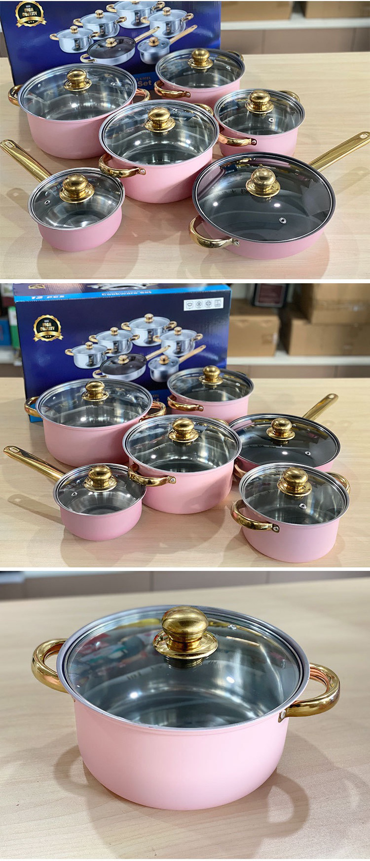 12-piece cookware set Stainless steel non-stick skillet pink high quality skillet stockpot Burgundy pot set