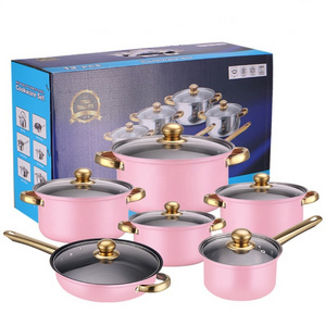 12-piece cookware set Stainless steel non-stick skillet pink high quality skillet stockpot Burgundy pot set