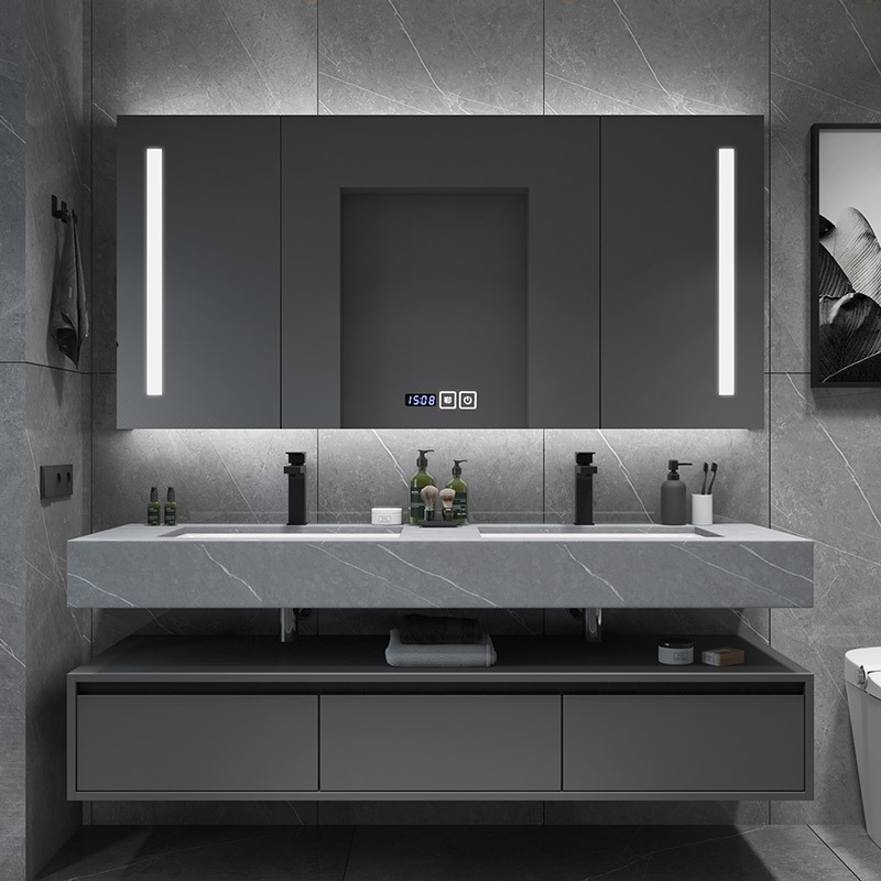 Luxury Wall Mounted Plywood Cabinets Slate Countertop Floating Bathroom Vanity With Double Sink