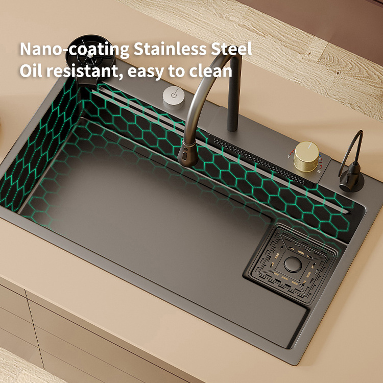 Modern Black Single Bowl Stainless Steel Multifunctional Workstation Waterfall Kitchen Sink With Cup Washer