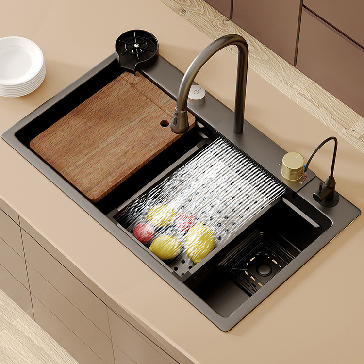 Modern Black Single Bowl Stainless Steel Multifunctional Workstation Waterfall Kitchen Sink With Cup Washer