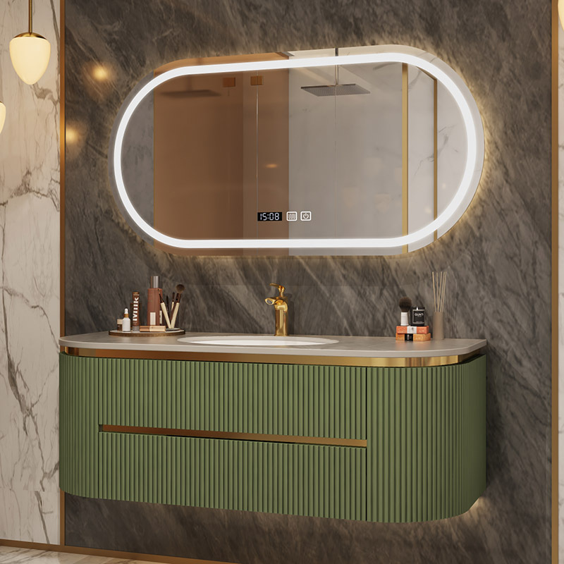 Custom Modern Luxury Curved Wall Mounted Cabinet Bathroom Vanity With Sink Smart Led Mirror