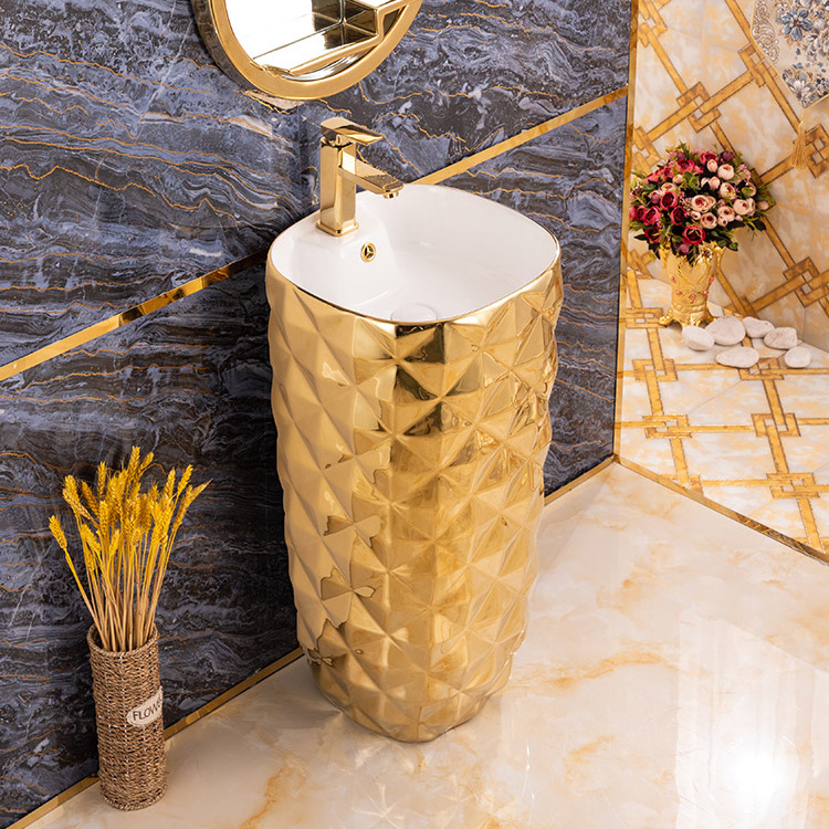 Luxury Royal Ceramic Porcelain Golden Bathroom Sink Gold Plated Pedestal Wash Basin